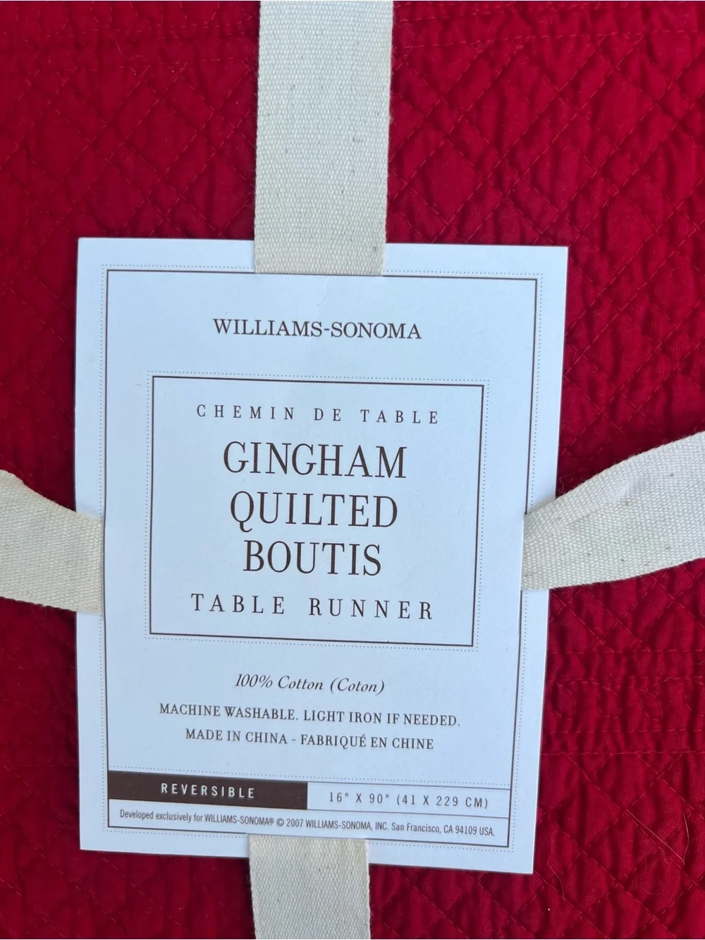 Williams-Sonoma Red Gingham Quilted Boutis Table Runner Reversible 16” x 90” NWT